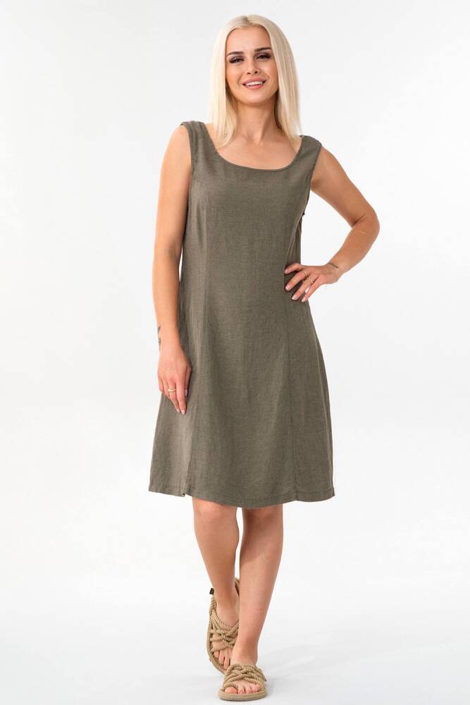 Askılı Beli Bağcıklı Yazlık Keten Elbise Haki - Wenor