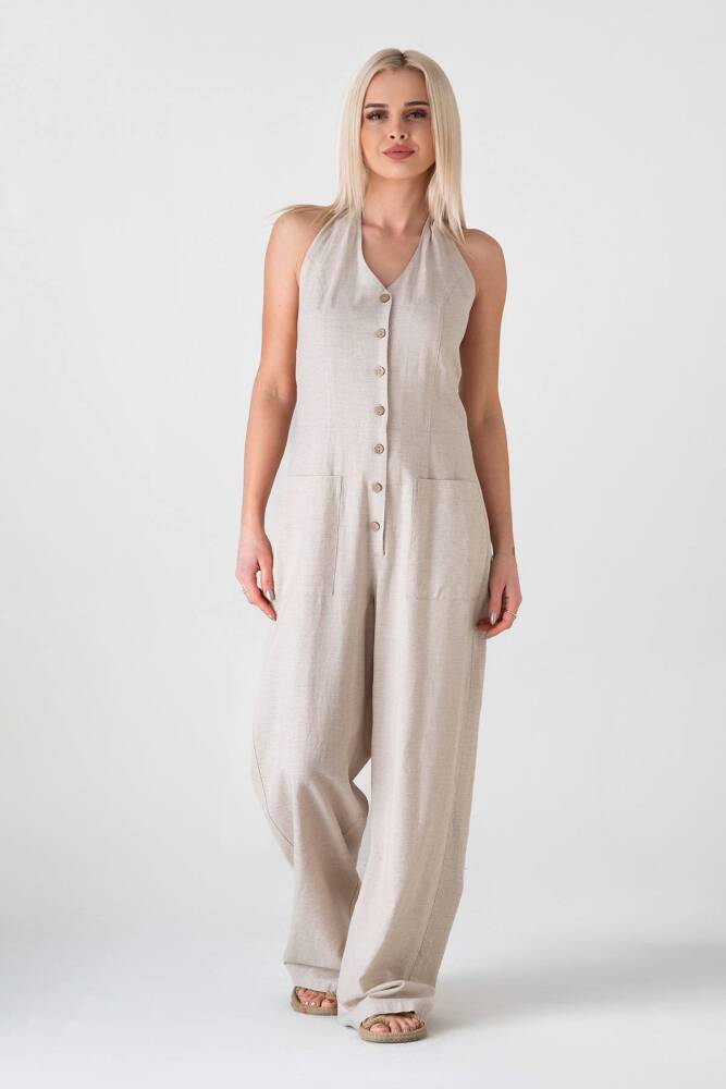 Gipa Detaylı Önü Düğmeli Cepli Keten Salopet Bej - Wenor