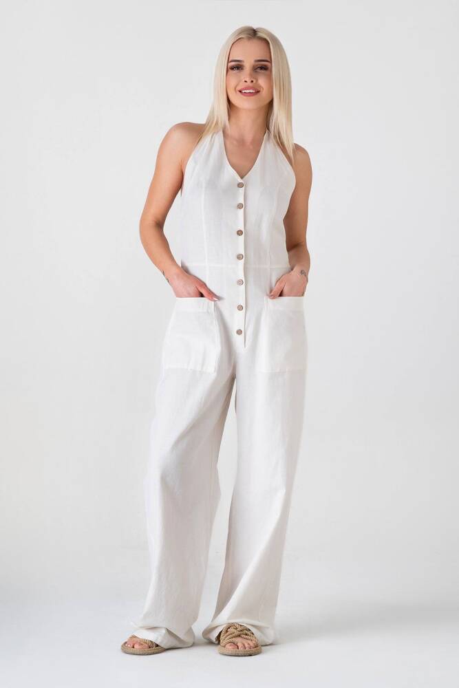 Gipa Detaylı Önü Düğmeli Cepli Keten Salopet Beyaz - Wenor