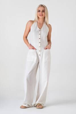 Gipa Detaylı Önü Düğmeli Cepli Keten Salopet Beyaz - Wenor