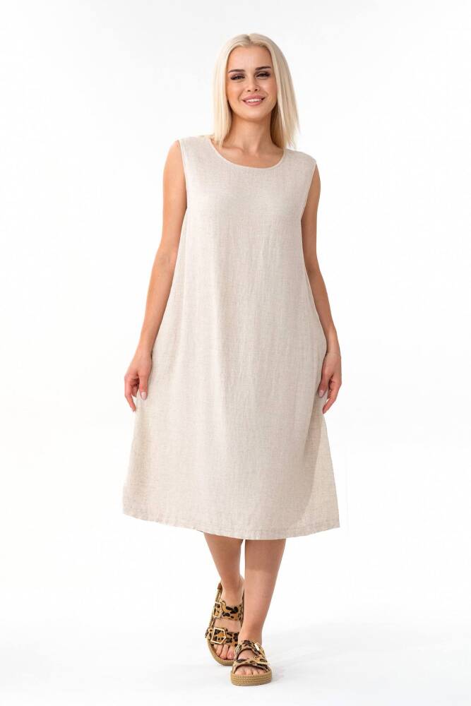 Kalın Askılı Yandan Cepli Yazlık Keten Elbise Bej - Wenor