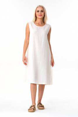 Kalın Askılı Yandan Cepli Yazlık Keten Elbise Beyaz - Wenor