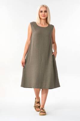 Kalın Askılı Yandan Cepli Yazlık Keten Elbise Haki - Wenor