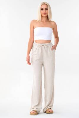 Keten Beli Lastikli %100 Doğal Kumaş Bayan Pantolon Bej - Wenor