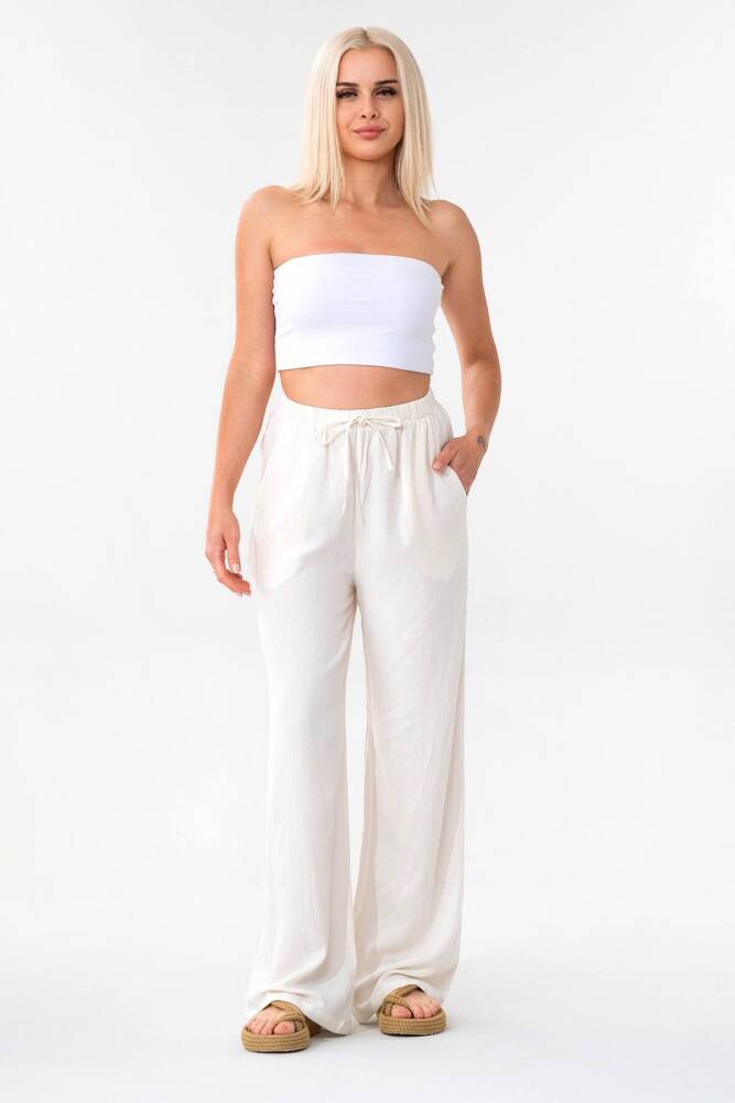 Keten Beli Lastikli %100 Doğal Kumaş Bayan Pantolon Ekru - Wenor
