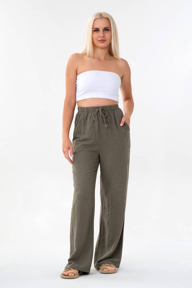 Keten Beli Lastikli %100 Doğal Kumaş Bayan Pantolon Haki - Wenor