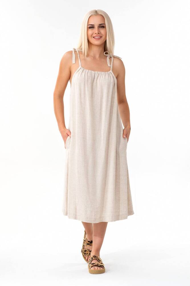 Keten Elbise %100 Doğal Kumaş Cep Detaylı Salaş Bej - Wenor