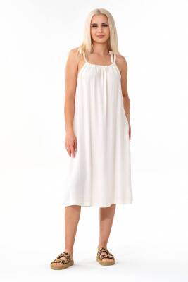 Keten Elbise %100 Doğal Kumaş Cep Detaylı Salaş Ekru - Wenor