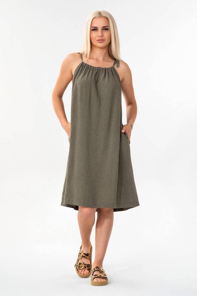 Keten Elbise %100 Doğal Kumaş Cep Detaylı Salaş Haki - Wenor