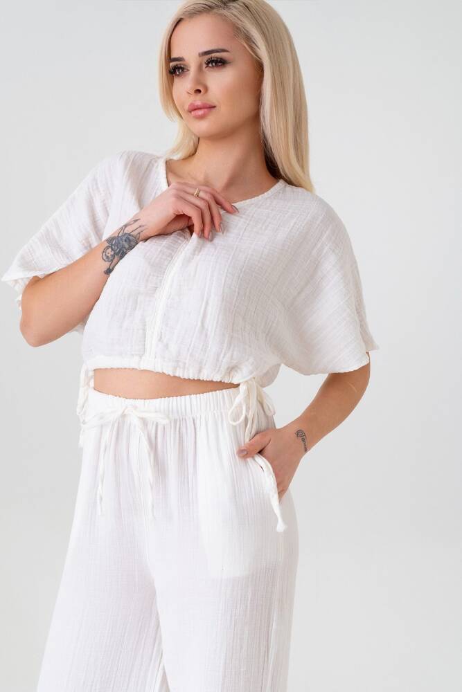 Müslin %100 Doğal Kumaş V Yaka Beli Ayarlanabilir Crop Beyaz - Wenor