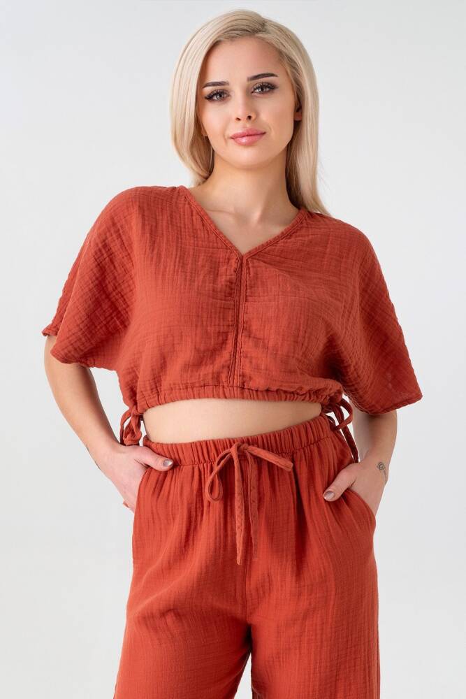 Müslin %100 Doğal Kumaş V Yaka Beli Ayarlanabilir Crop Kiremit - Wenor