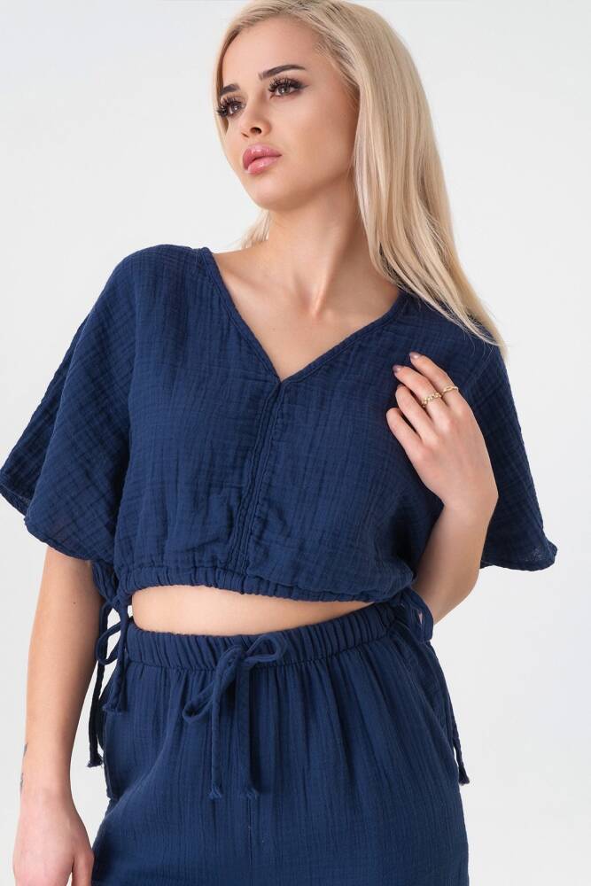 Müslin %100 Doğal Kumaş V Yaka Beli Ayarlanabilir Crop Lacivert - Wenor