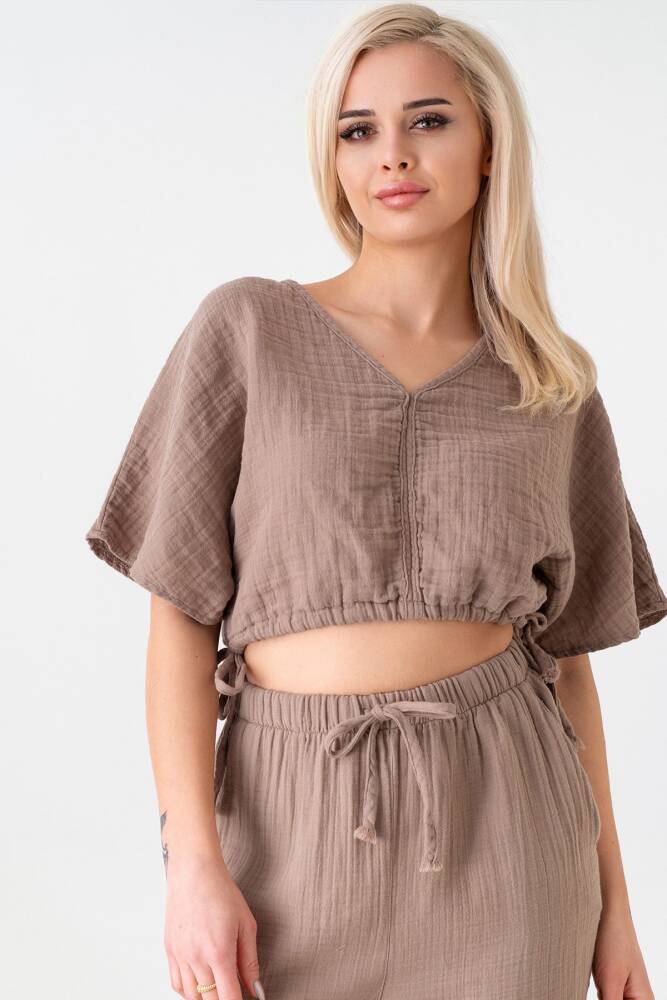 Müslin %100 Doğal Kumaş V Yaka Beli Ayarlanabilir Crop Vizon - Wenor