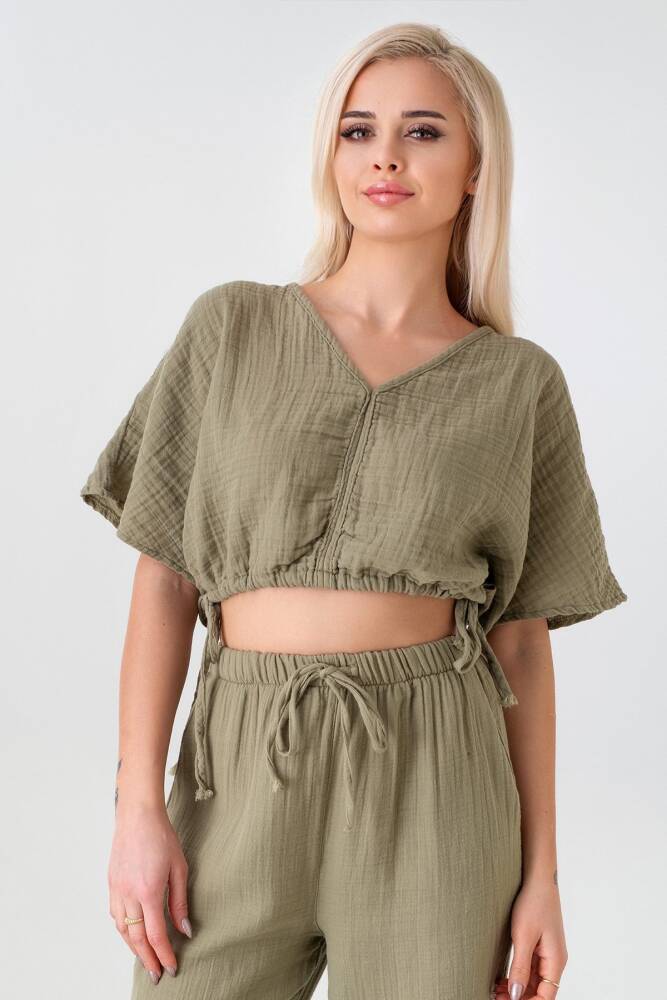 Müslin %100 Doğal Kumaş V Yaka Beli Ayarlanabilir Crop Yeşil - Wenor