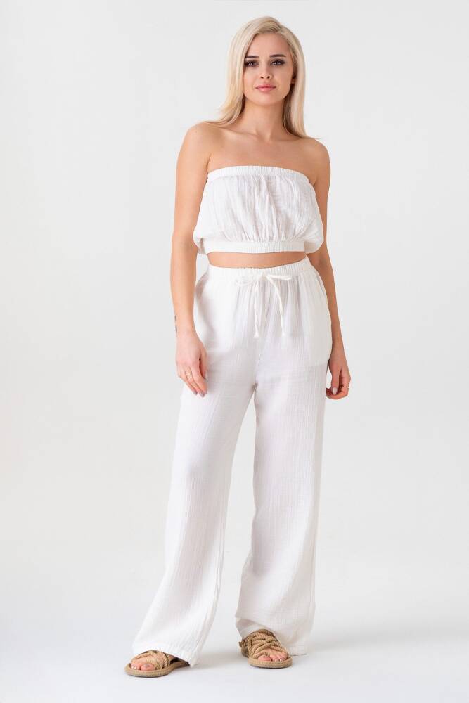 Müslin %100 Doğal Pamuk Beli Lastikli Bol Paça Pantolon Beyaz - Wenor
