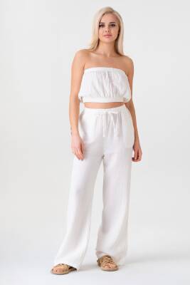 Müslin %100 Doğal Pamuk Beli Lastikli Bol Paça Pantolon Beyaz - Wenor