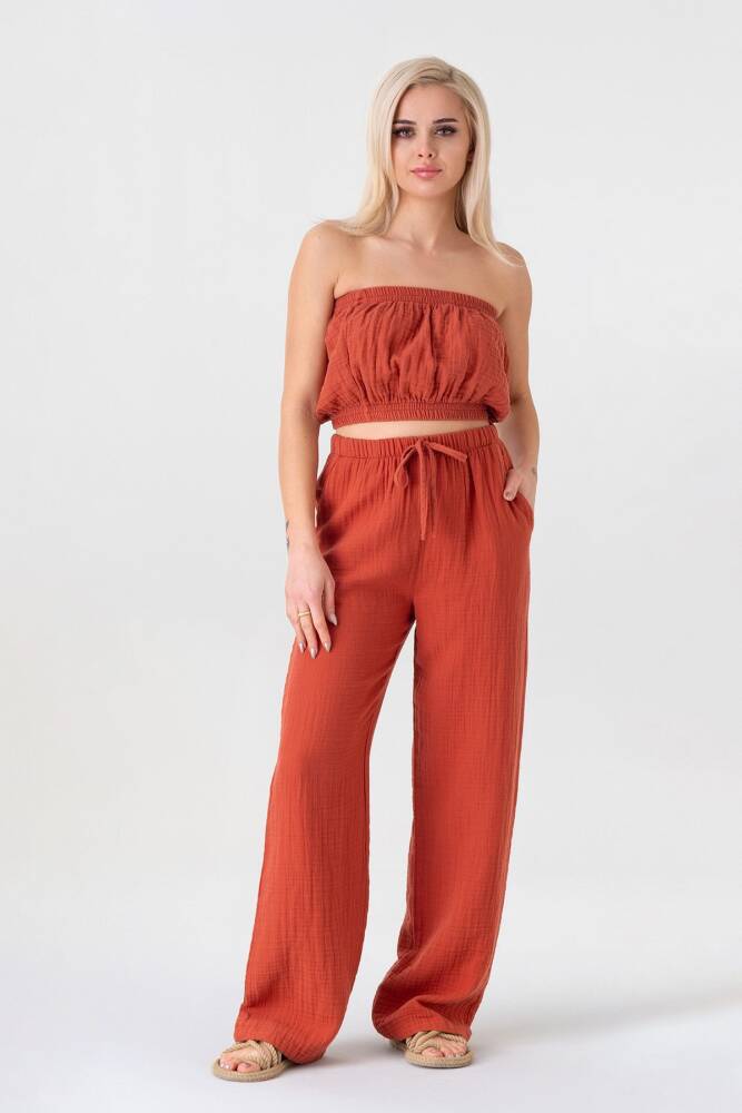 Müslin %100 Doğal Pamuk Beli Lastikli Bol Paça Pantolon Kiremit - Wenor