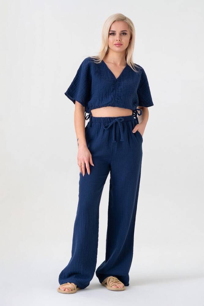 Müslin %100 Doğal Pamuk Beli Lastikli Bol Paça Pantolon Lacivert - Wenor