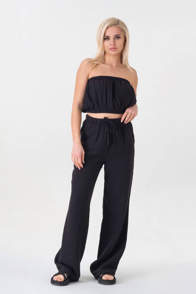Müslin %100 Doğal Pamuk Beli Lastikli Bol Paça Pantolon Siyah - Wenor