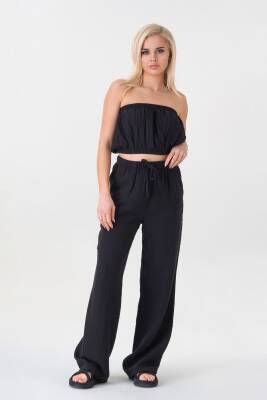 Müslin %100 Doğal Pamuk Beli Lastikli Bol Paça Pantolon Siyah - Wenor