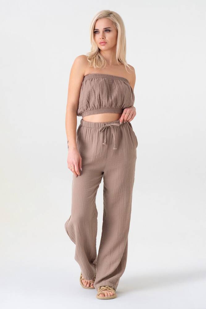 Müslin %100 Doğal Pamuk Beli Lastikli Bol Paça Pantolon Vizon - Wenor