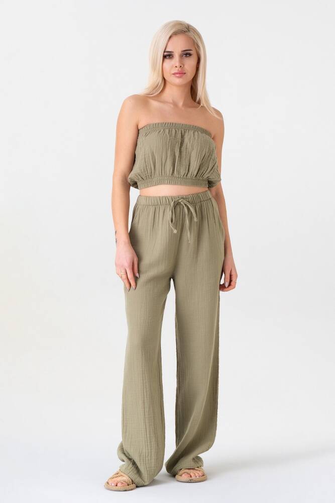 Müslin %100 Doğal Pamuk Beli Lastikli Bol Paça Pantolon Yeşil - Wenor