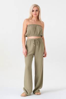 Müslin %100 Doğal Pamuk Beli Lastikli Bol Paça Pantolon Yeşil - Wenor