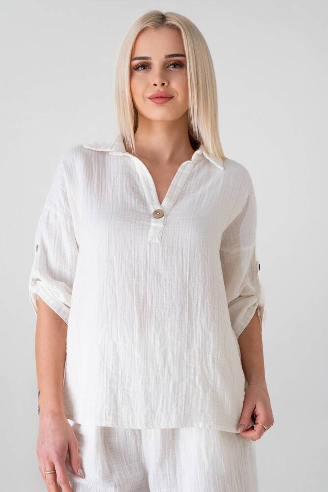 Müslin Basic %100 Doğal Kumaş Pamuk Fakir Kol Bluz Kadın Gömlek Beyaz - Wenor
