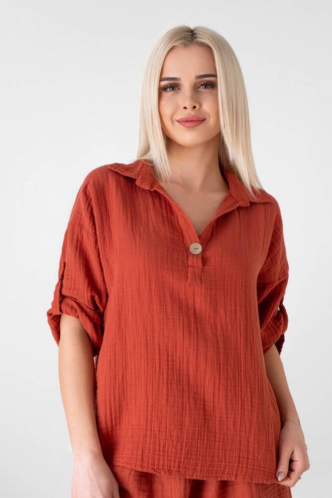 Müslin Basic %100 Doğal Kumaş Pamuk Fakir Kol Bluz Kadın Gömlek Kiremit - Wenor