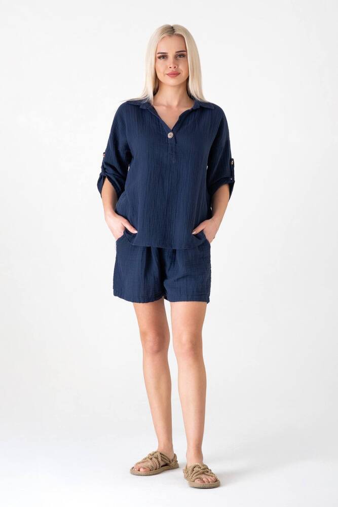 Müslin Basic %100 Doğal Kumaş Pamuk Fakir Kol Bluz Kadın Gömlek Lacivert - Wenor