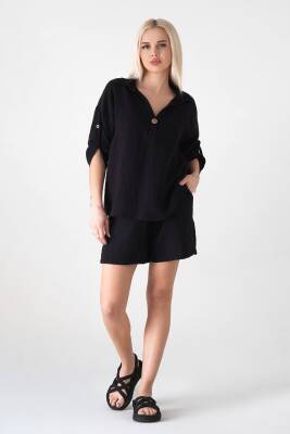 Müslin Basic %100 Doğal Kumaş Pamuk Fakir Kol Bluz Kadın Gömlek Siyah - Wenor