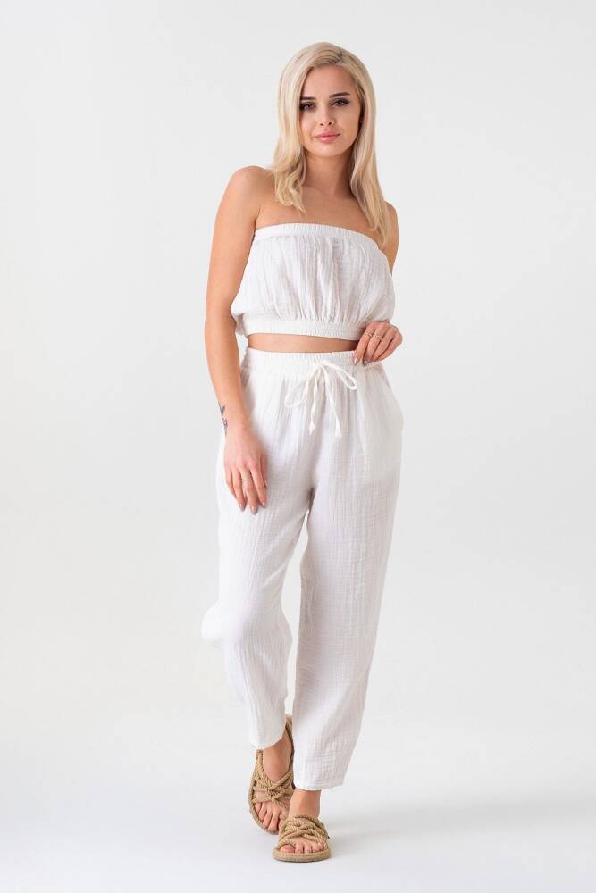 Müslin Beli Lastikli Bileği Pensli %100 Pamuk Kadın Pantolon Beyaz - Wenor
