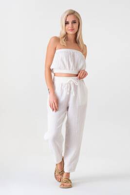 Müslin Beli Lastikli Bileği Pensli %100 Pamuk Kadın Pantolon Beyaz - Wenor