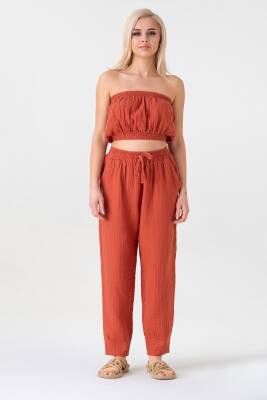 Müslin Beli Lastikli Bileği Pensli %100 Pamuk Kadın Pantolon Kiremit - Wenor