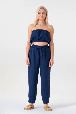 Müslin Beli Lastikli Bileği Pensli %100 Pamuk Kadın Pantolon Lacivert - Wenor