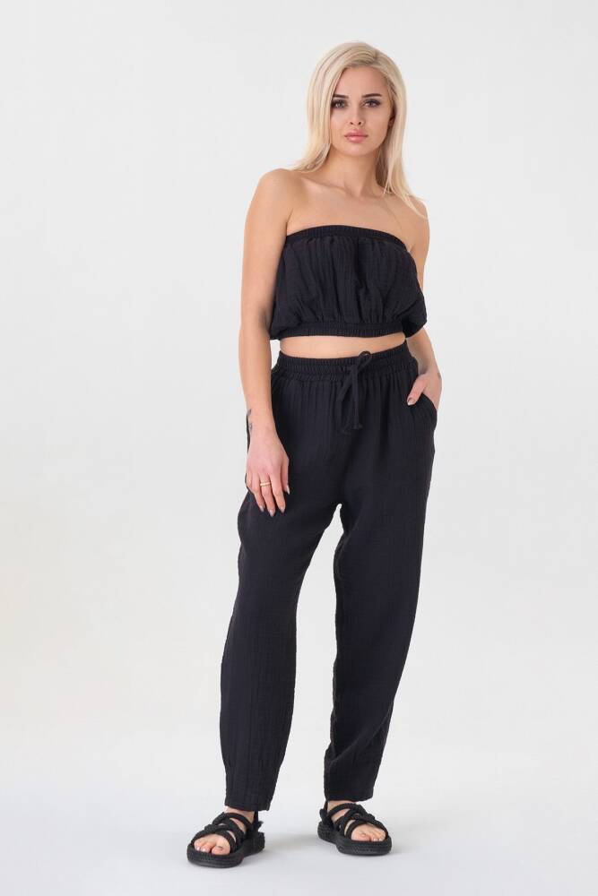 Müslin Beli Lastikli Bileği Pensli %100 Pamuk Kadın Pantolon Siyah - Wenor