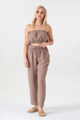 Müslin Beli Lastikli Bileği Pensli %100 Pamuk Kadın Pantolon Vizon - Wenor