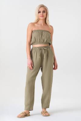 Müslin Beli Lastikli Bileği Pensli %100 Pamuk Kadın Pantolon Yeşil - Wenor