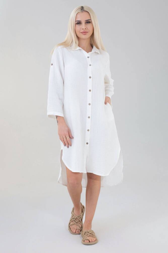 Müslin Doğal Kumaş Pamuk Önü Düğmeli Uzun Gömlek Elbise Beyaz - Wenor