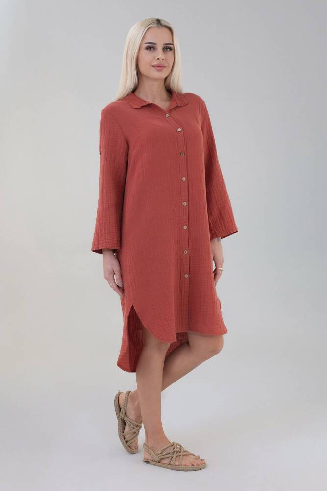 Müslin Doğal Kumaş Pamuk Önü Düğmeli Uzun Gömlek Elbise Kiremit - Wenor