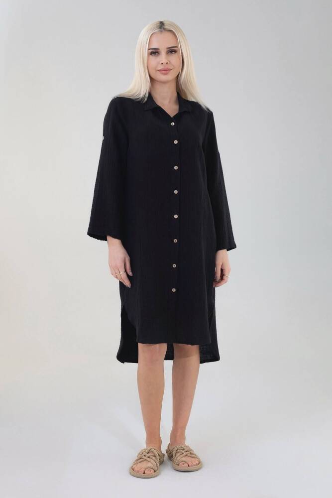 Müslin Doğal Kumaş Pamuk Önü Düğmeli Uzun Gömlek Elbise Siyah - Wenor