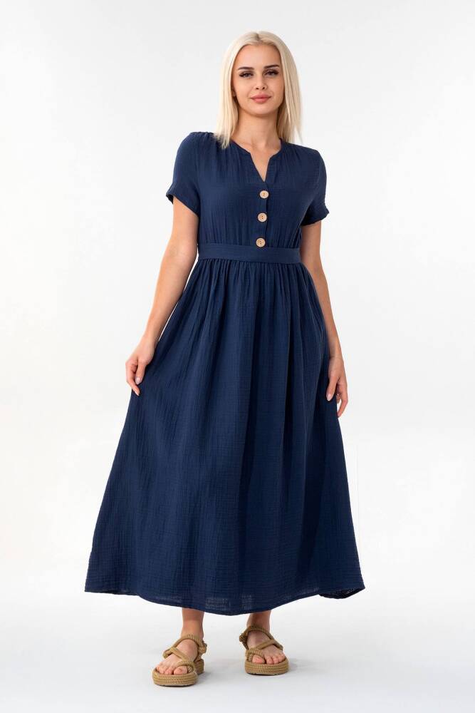 Müslin Elbise Beli Lastikli Lacivert - Wenor