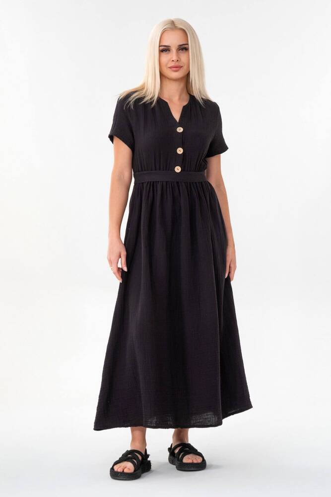 Müslin Elbise Beli Lastikli Siyah - Wenor