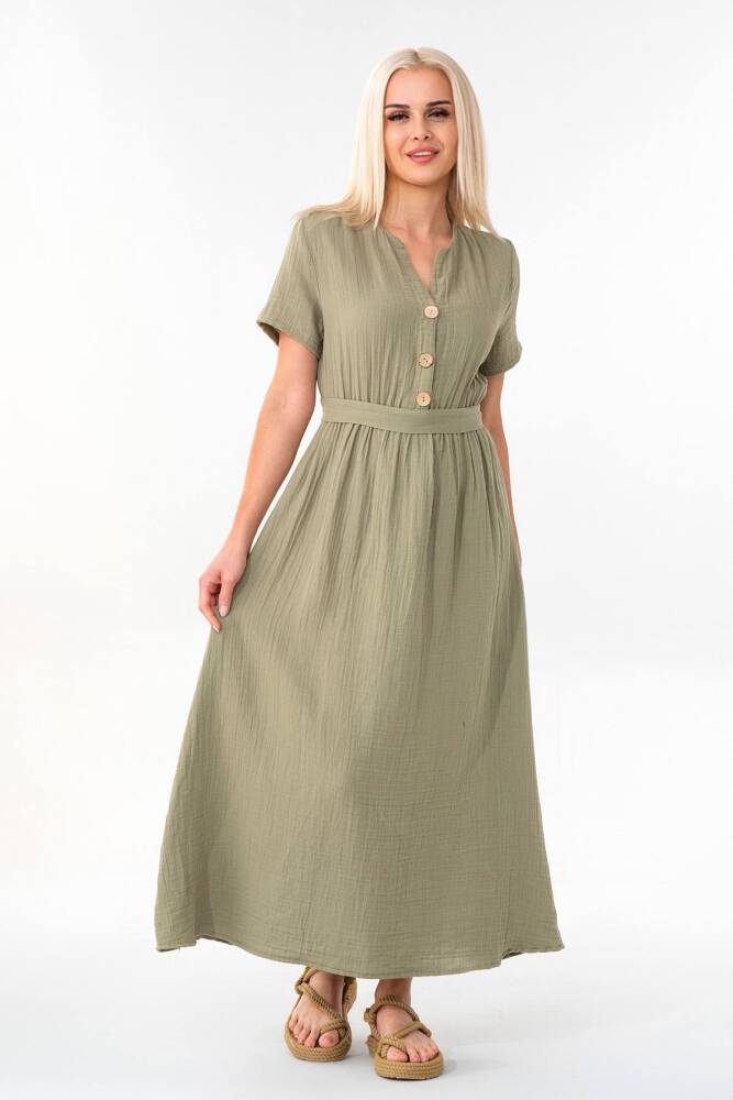 Müslin Elbise Beli Lastikli Yeşil - Wenor