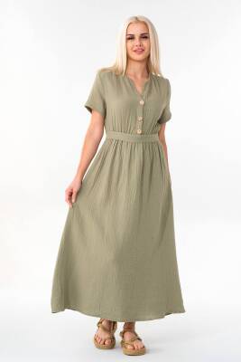 Müslin Elbise Beli Lastikli Yeşil - Wenor