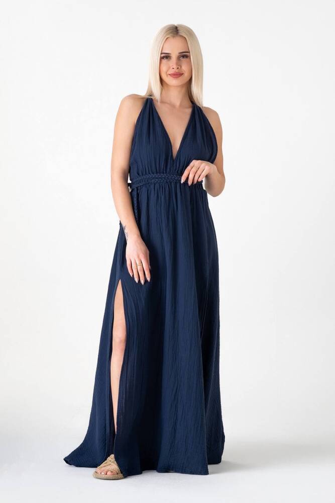 Müslin Elbise Doğal Pamuktan Üretilmiş Örgü Detaylı Plaj Elbisesi Lacivert - Wenor