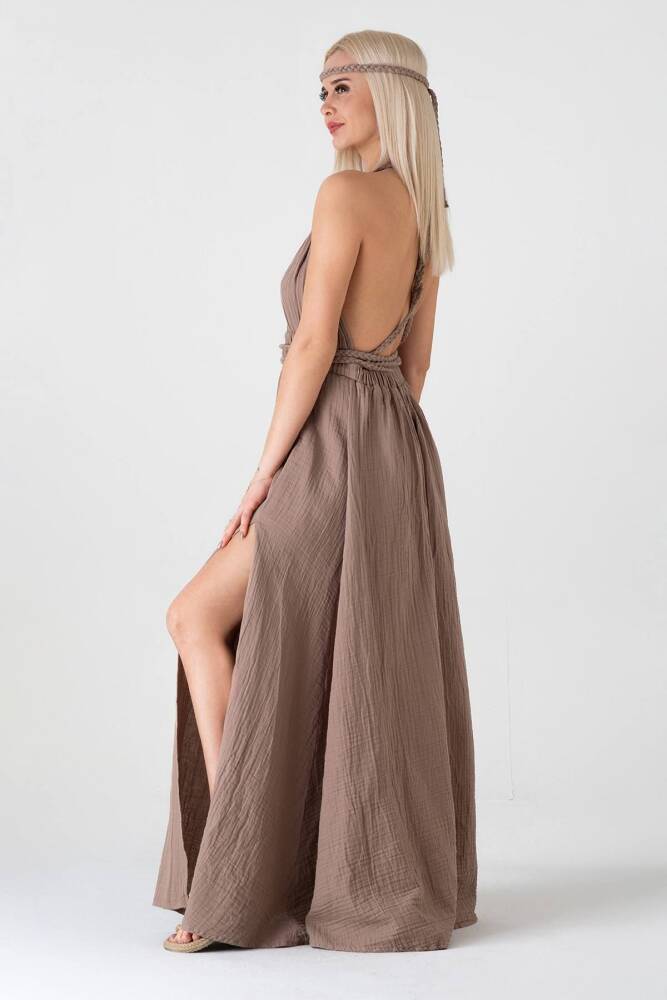 Müslin Elbise Doğal Pamuktan Üretilmiş Örgü Detaylı Plaj Elbisesi Vizon - Wenor