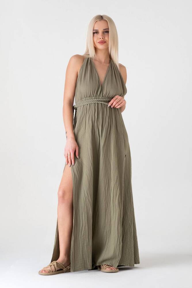 Müslin Elbise Doğal Pamuktan Üretilmiş Örgü Detaylı Plaj Elbisesi Yeşil - Wenor
