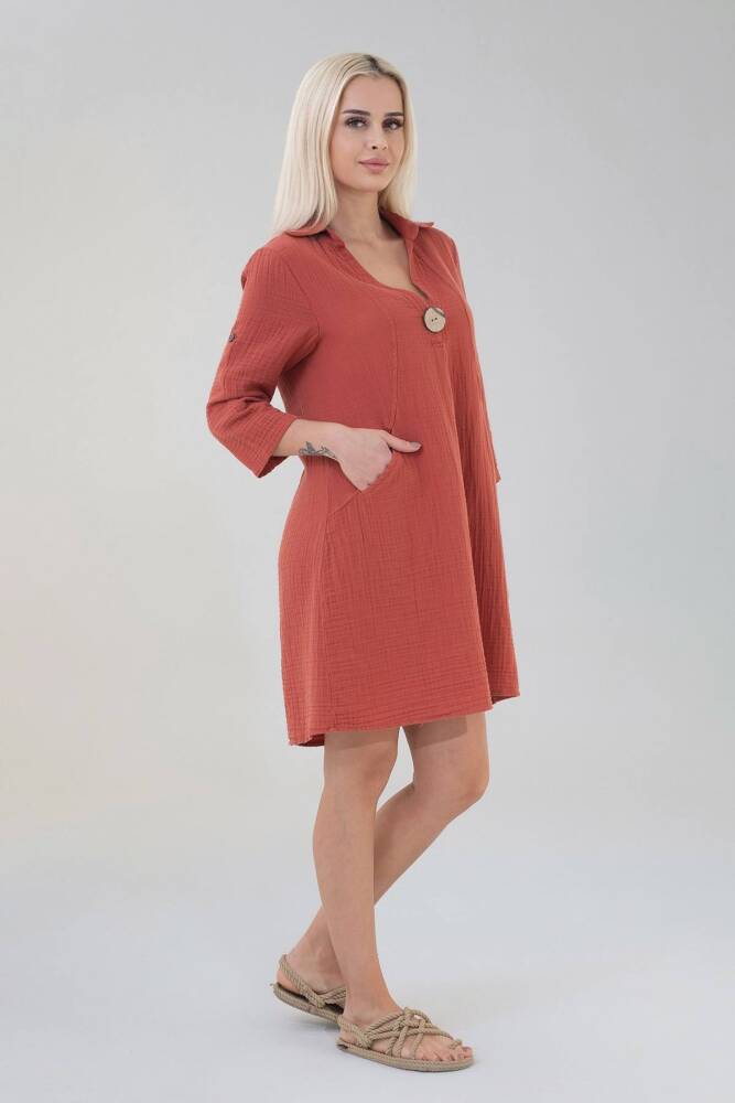 Müslin Fakir Kol Doğal Pamuk Önü Cepli Fakir Kol Tunik Elbise Kiremit - Wenor