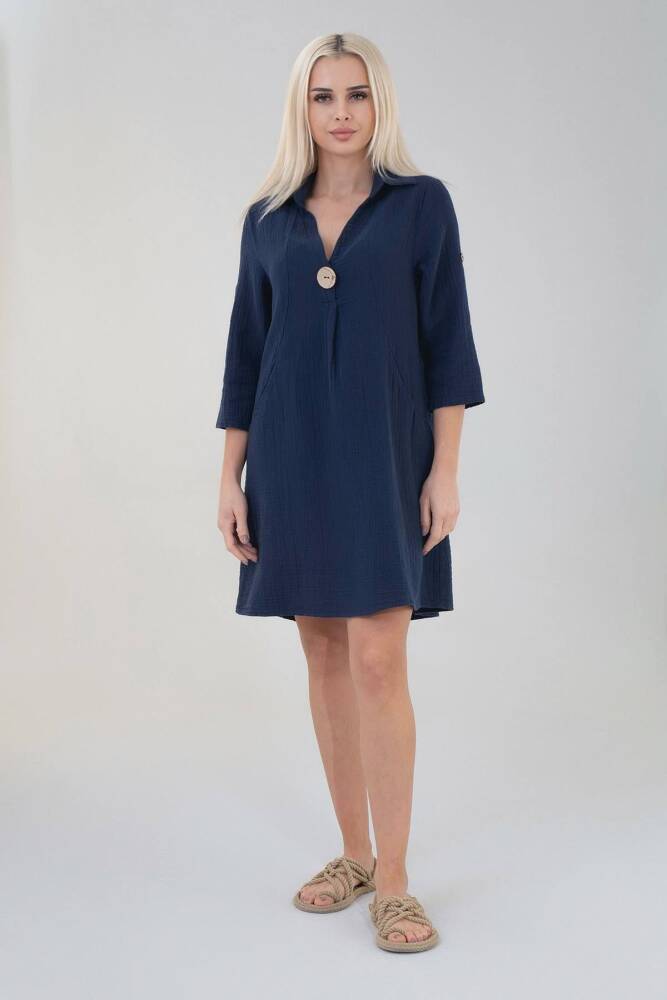 Müslin Fakir Kol Doğal Pamuk Önü Cepli Fakir Kol Tunik Elbise Lacivert - Wenor